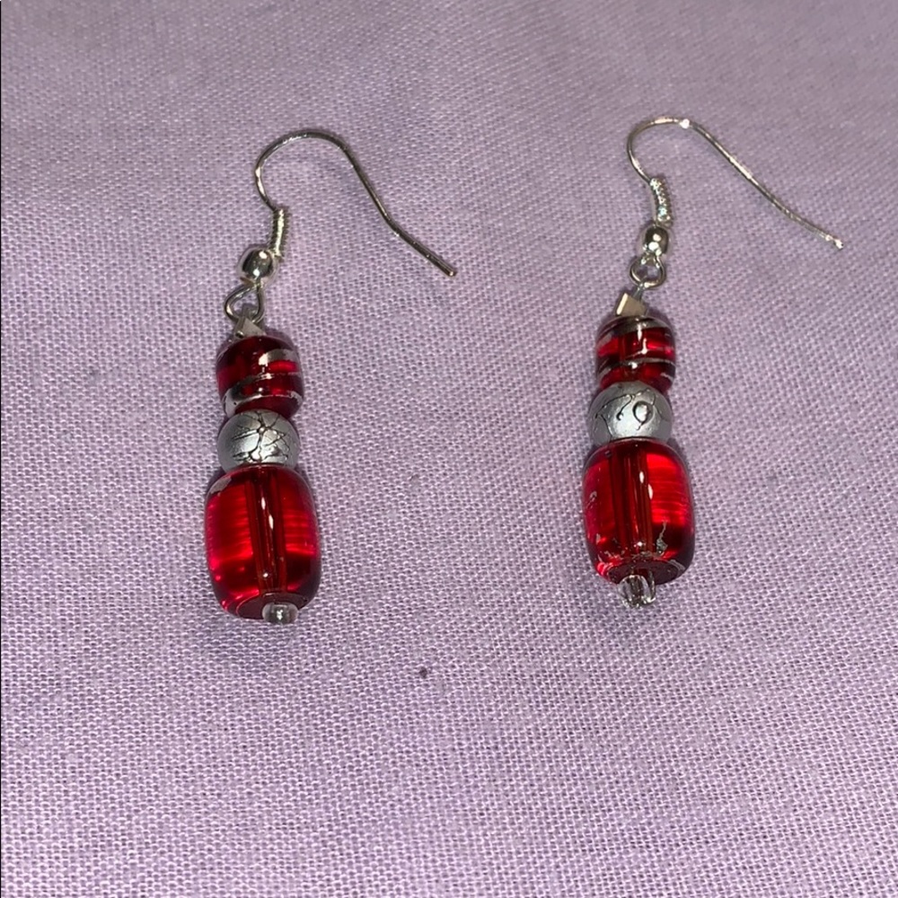 Red and silver glass beaded earrings